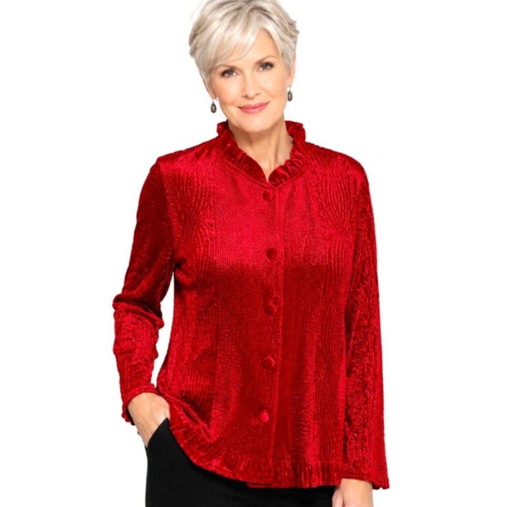 CHICO'S Red Sz Medium Business Casual Soft Velvet Ruffled Neck Jacket-Like Shirt